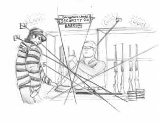In order to prevent the abuse of weapons, we shouldincrease security on background checks as opposed to eliminating the use of weapons. Cartoon by Gape Harper.