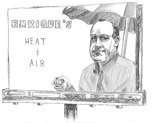 Upon winning a contest hosted by Office Depot, my father's famous business card that can be found on him at any time could be seen for a week on a billboard in Atlanta, Ga. Cartoon by William Kissane.