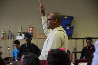 Clarke Central High School band director Dr. Robert Lawrence directs his band during a school day practice session. Photo by Carlo Nasisse.