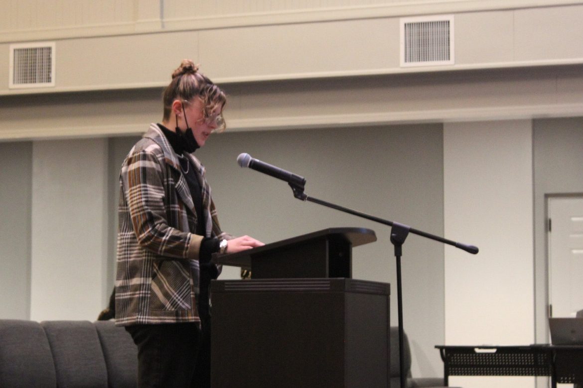 CCHS girls varsity soccer player Hannah Barnett speaks at Board of Education meeting